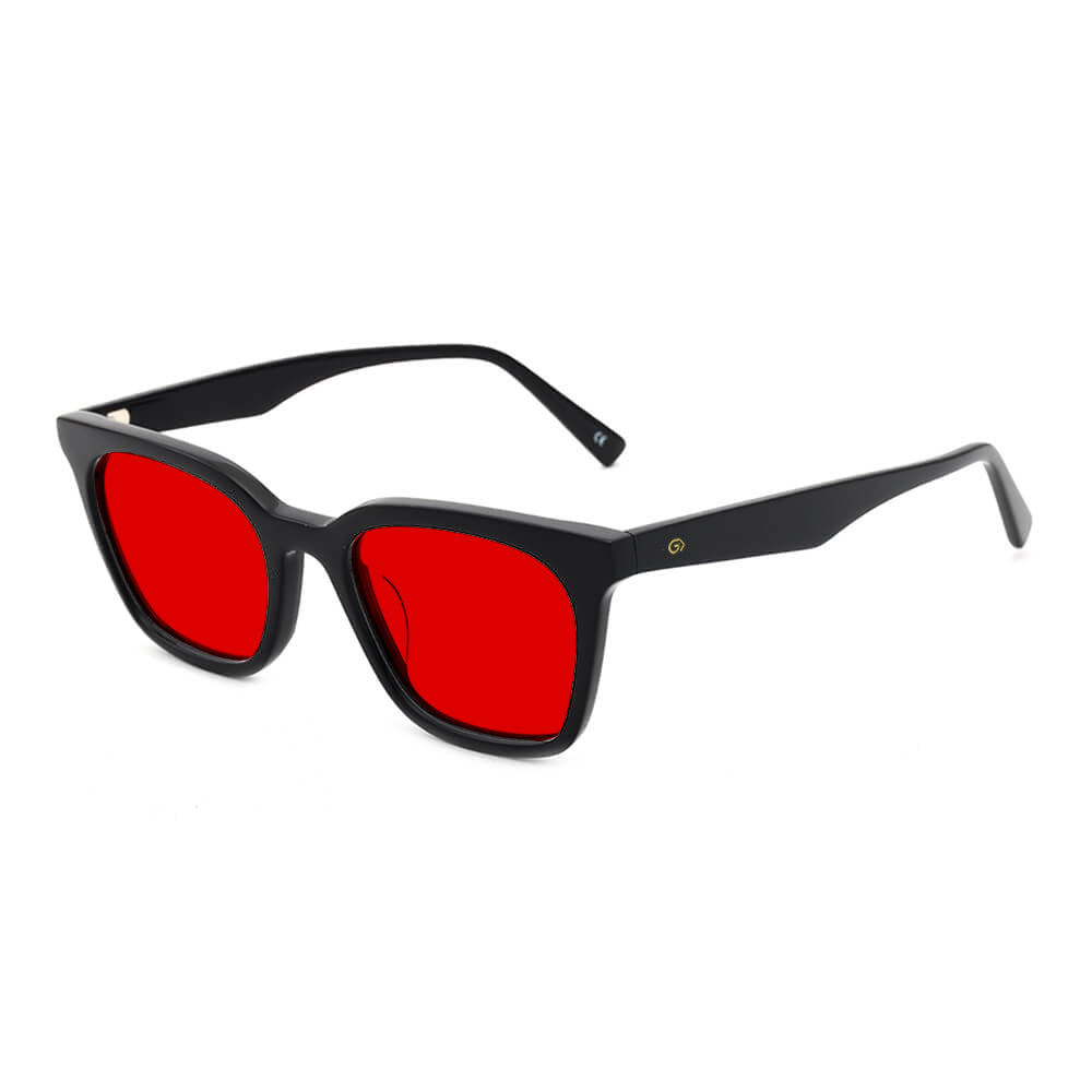 KUGO Astor Black 550nm blocking side view - Handmade blue and green light blocking sunset glasses for better sleeping, featuring eco-friendly biodegradable acetate for a stylish, sustainable look.