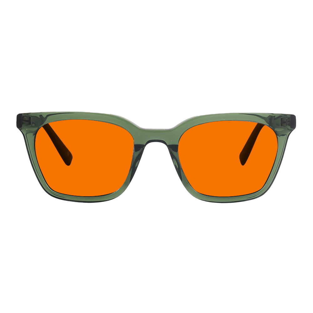 KUGO Astor Green premium 530nm blocking front view - Handmade blue and green light blocking sunset glasses for better sleeping, featuring eco-friendly biodegradable acetate for a stylish, sustainable look.