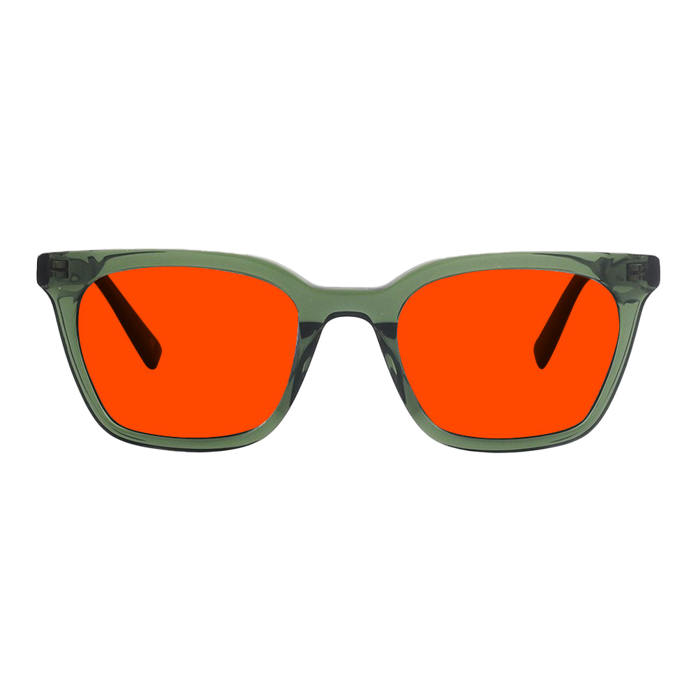KUGO Astor Green premium 550nm blocking front view - Handmade blue and green light blocking sunset glasses for better sleeping, featuring eco-friendly biodegradable acetate for a stylish, sustainable look.