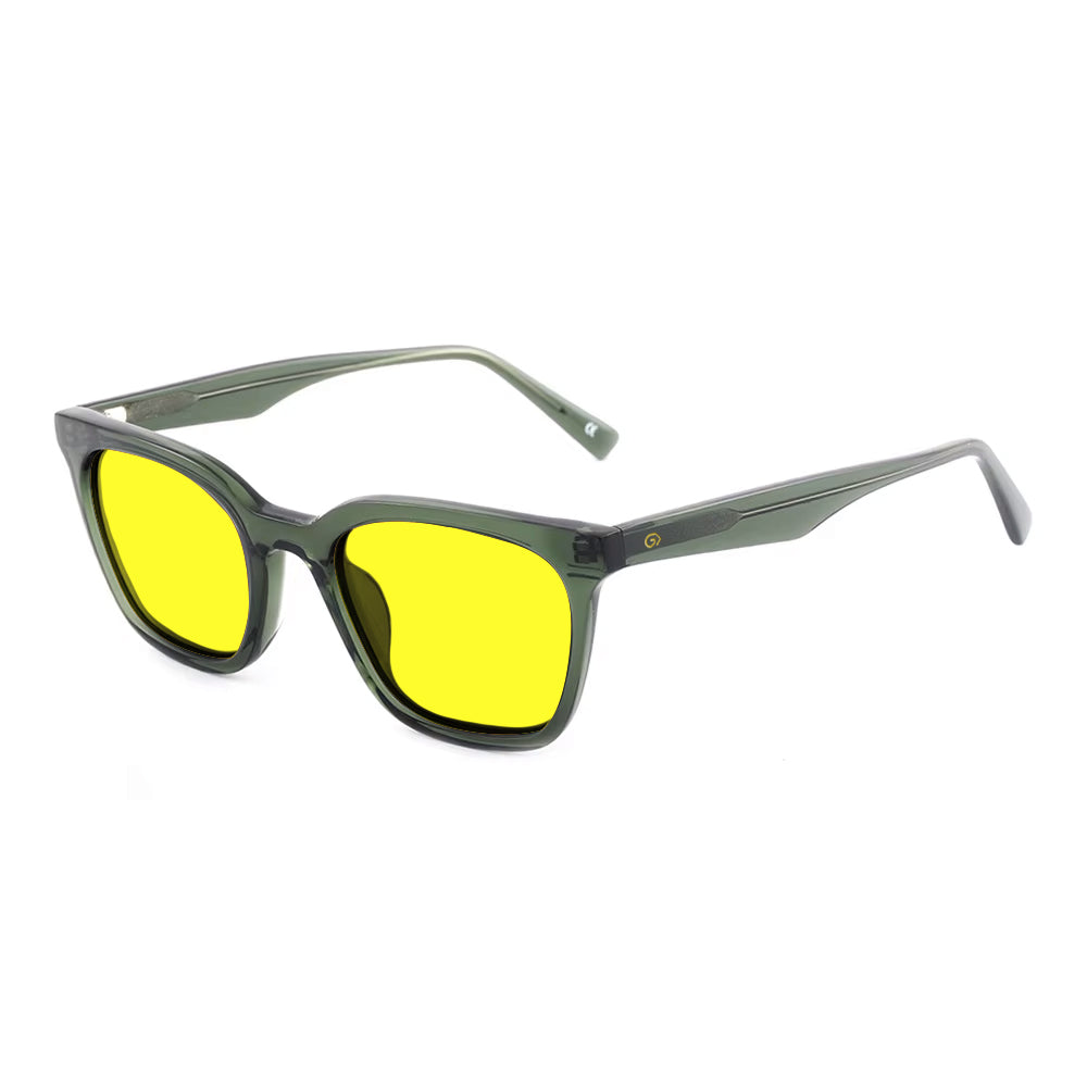 KUGO Astor Green 450nm blocking side view - Handmade blue and green light blocking sunset glasses for better sleeping, featuring eco-friendly biodegradable acetate for a stylish, sustainable look.
