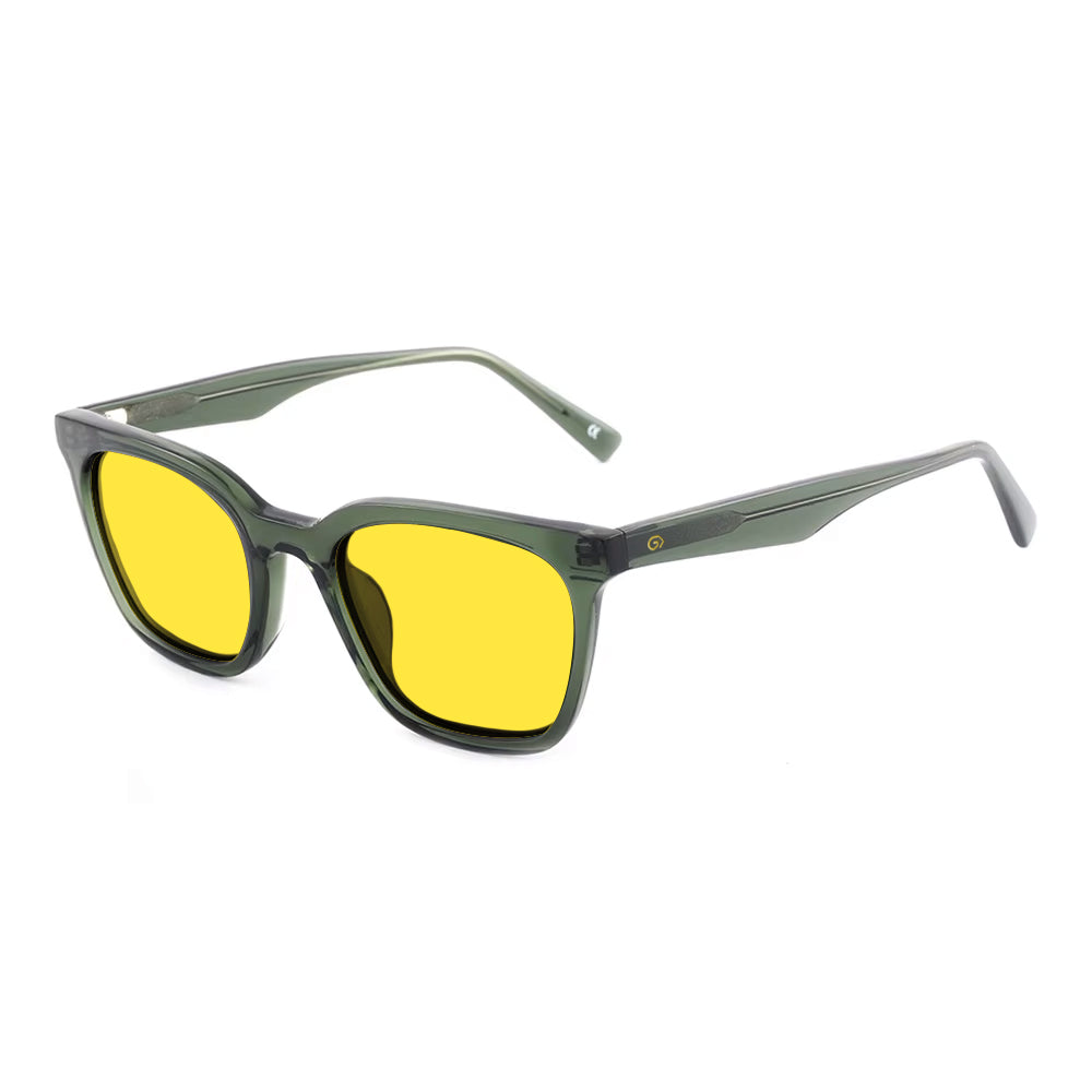 KUGO Astor Green 450nm blocking side view - Handmade blue and green light blocking sunset glasses for better sleeping, featuring eco-friendly biodegradable acetate for a stylish, sustainable look.