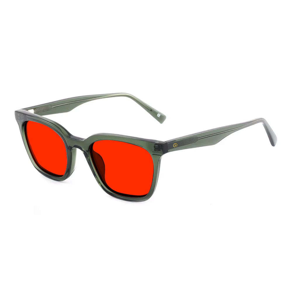 KUGO Astor Green premium 550nm blocking side view - Handmade blue and green light blocking sunset glasses for better sleeping, featuring eco-friendly biodegradable acetate for a stylish, sustainable look.