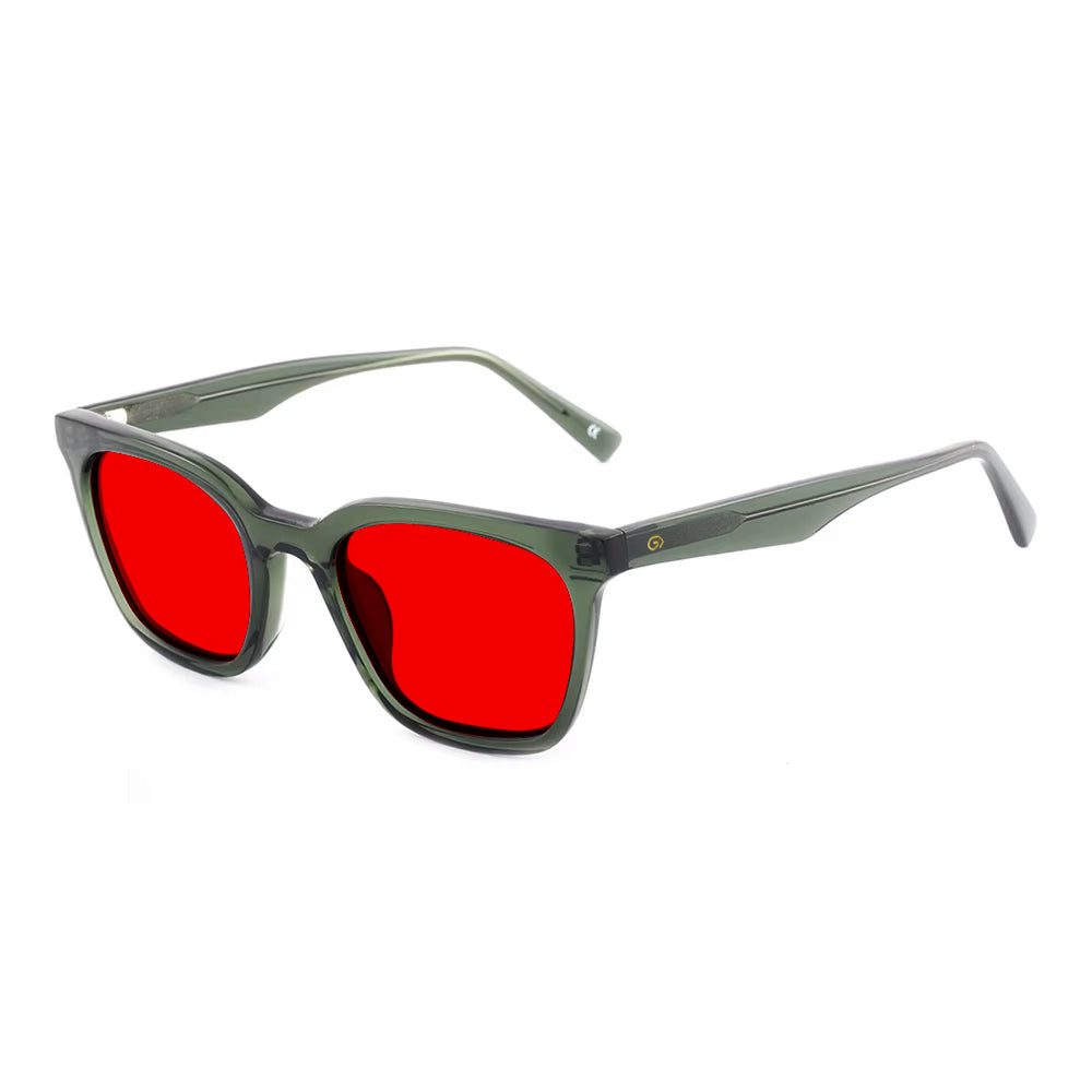 KUGO Astor Green 550nm blocking side view - Handmade blue and green light blocking sunset glasses for better sleeping, featuring eco-friendly biodegradable acetate for a stylish, sustainable look.