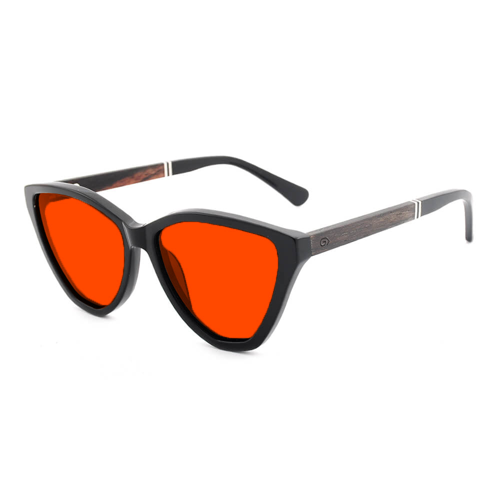 KUGO Astor premium 550nm blocking side view - Handmade blue and green light blocking sunset glasses for better sleeping, featuring eco-friendly biodegradable acetate frames and natural wood arms for a stylish, sustainable look.