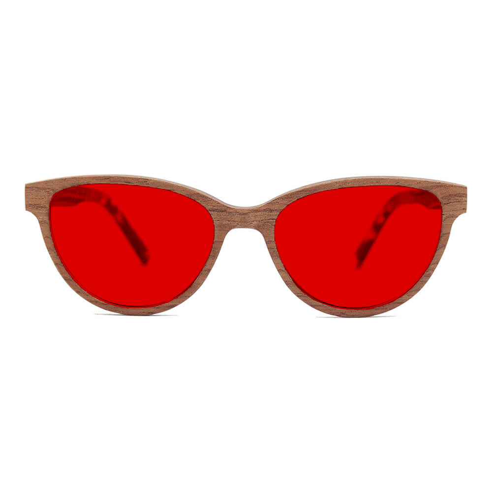 KUGO Bowery Walnut 550nm blocking front view - Handmade blue and green light blocking sunset glasses for better sleeping, featuring eco-friendly biodegradable acetate end of arms and natural wood the rest of the frame for a stylish, sustainable look.