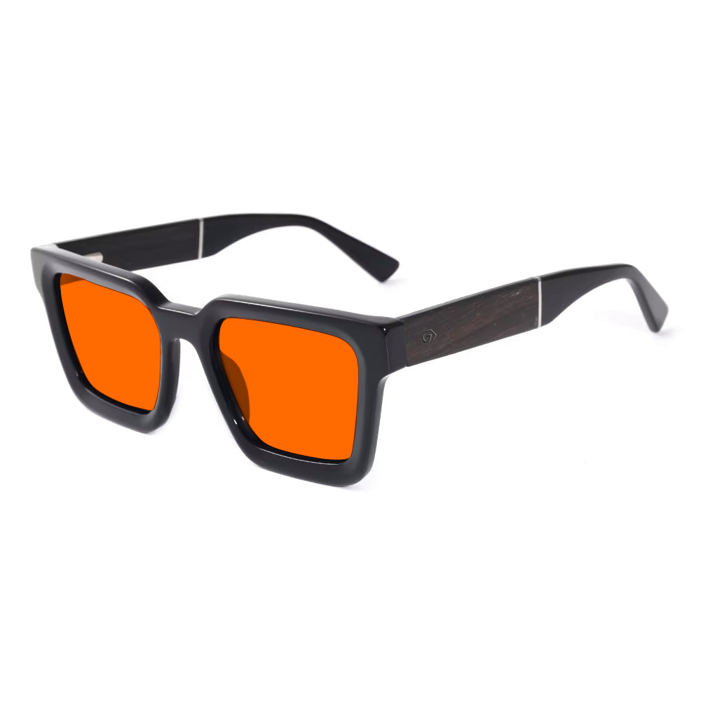 KUGO Broome premium 530nm blocking side view - Handmade blue and green light blocking sunset glasses for better sleeping, featuring eco-friendly biodegradable acetate frames and natural wood arms for a stylish, sustainable look.
