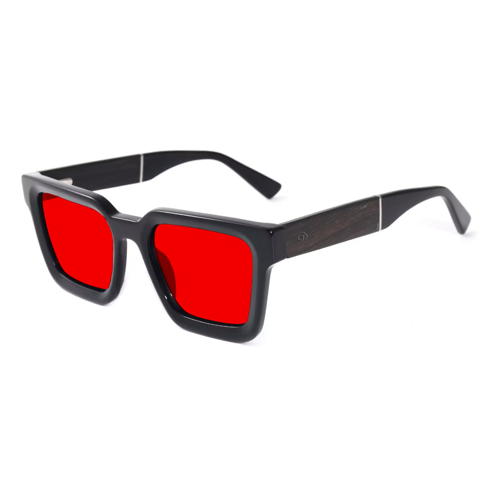 KUGO Broome 550nm blocking side view - Handmade blue and green light blocking sunset glasses for better sleeping, featuring eco-friendly biodegradable acetate frames and natural wood arms for a stylish, sustainable look.