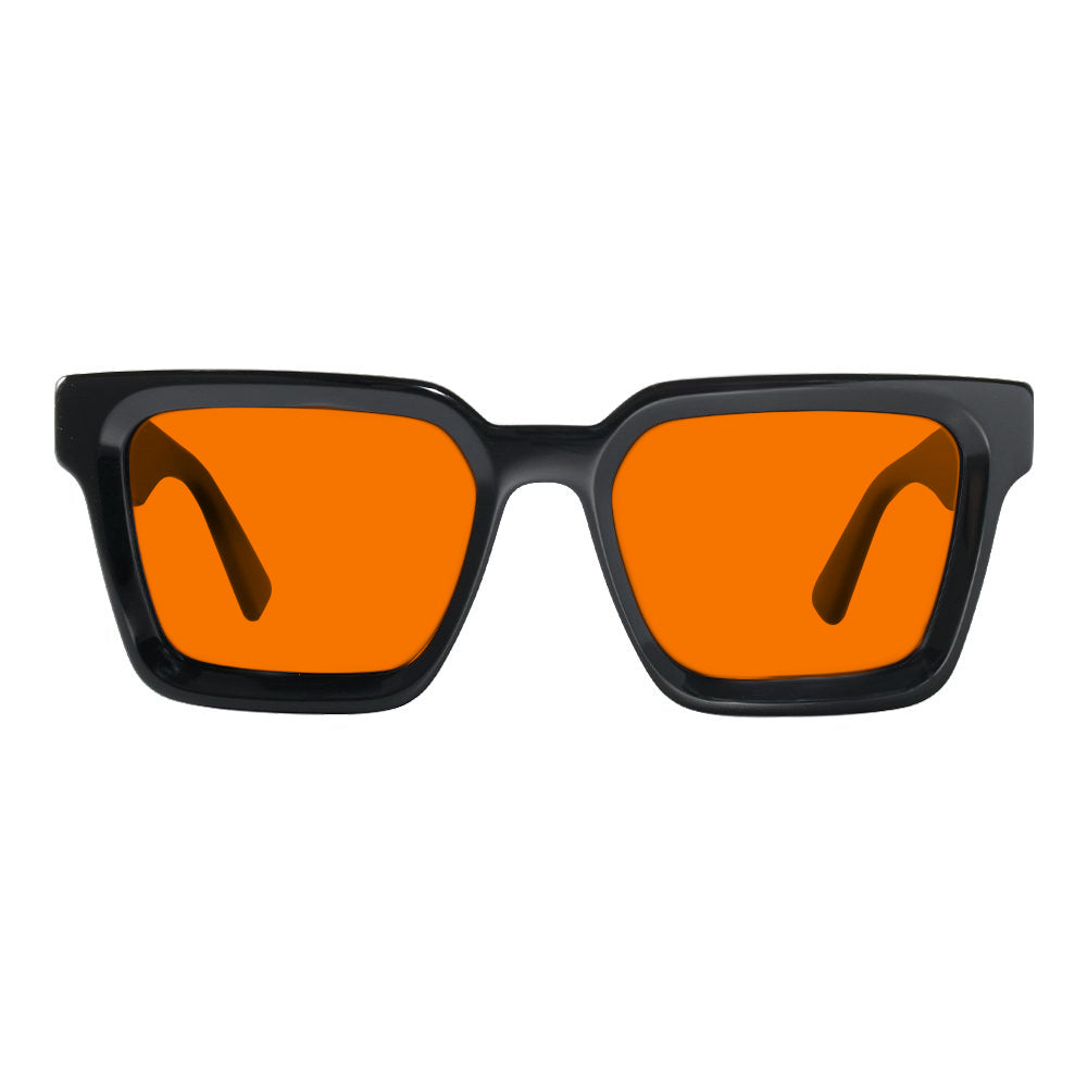 KUGO Broome premium 530nm blocking front view - Handmade blue and green light blocking sunset glasses for better sleeping, featuring eco-friendly biodegradable acetate frames and natural wood arms for a stylish, sustainable look.