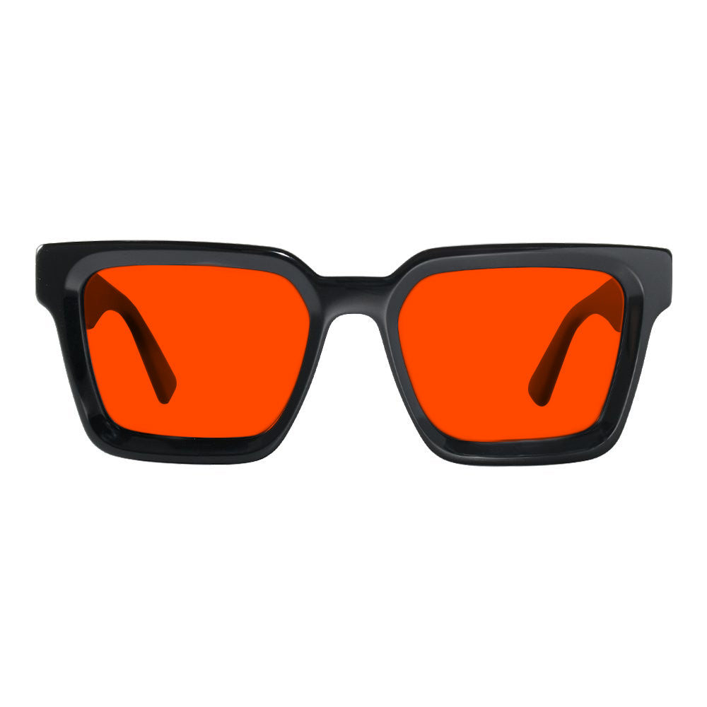 KUGO Broome premium 550nm blocking front view - Handmade blue and green light blocking sunset glasses for better sleeping, featuring eco-friendly biodegradable acetate frames and natural wood arms for a stylish, sustainable look.