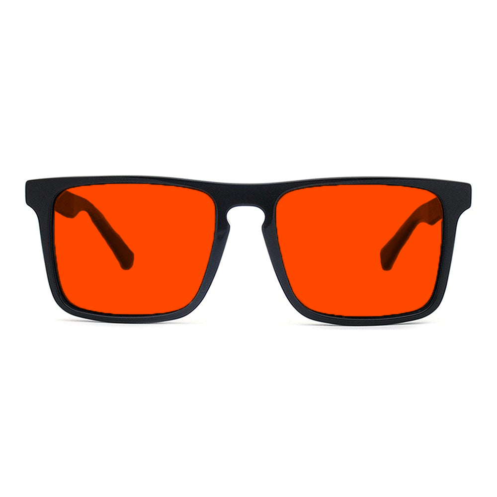 KUGO Columbus premium 550nm blocking front view - Handmade blue and green light blocking sunset glasses for better sleeping, featuring eco-friendly biodegradable acetate frames and natural wood arms for a stylish, sustainable look.