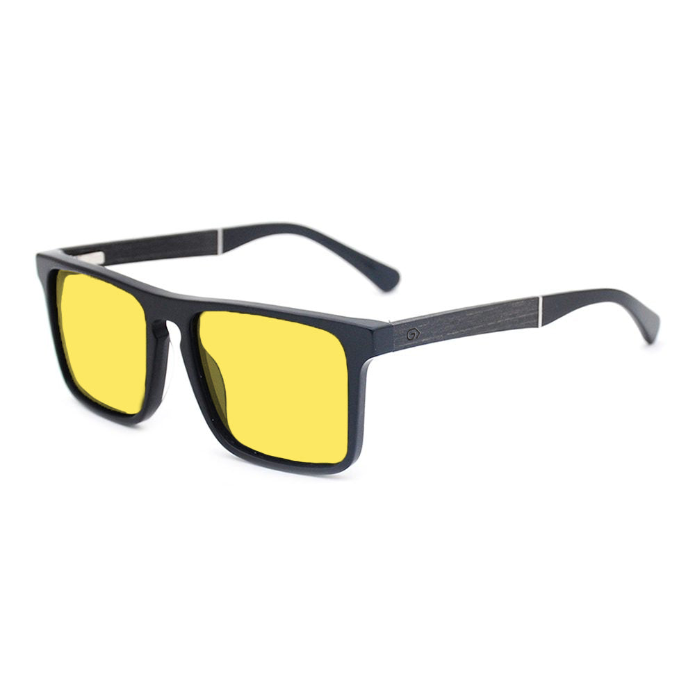 KUGO Columbus 450nm blocking side view - Handmade blue and green light blocking sunset glasses for better sleeping, featuring eco-friendly biodegradable acetate frames and natural wood arms for a stylish, sustainable look.