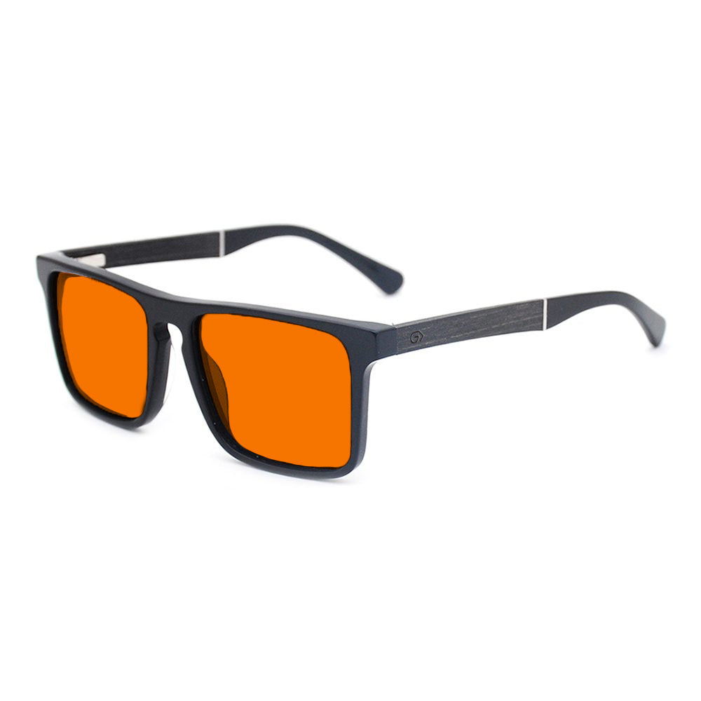 KUGO Columbus premium 530nm blocking side view - Handmade blue and green light blocking sunset glasses for better sleeping, featuring eco-friendly biodegradable acetate frames and natural wood arms for a stylish, sustainable look.