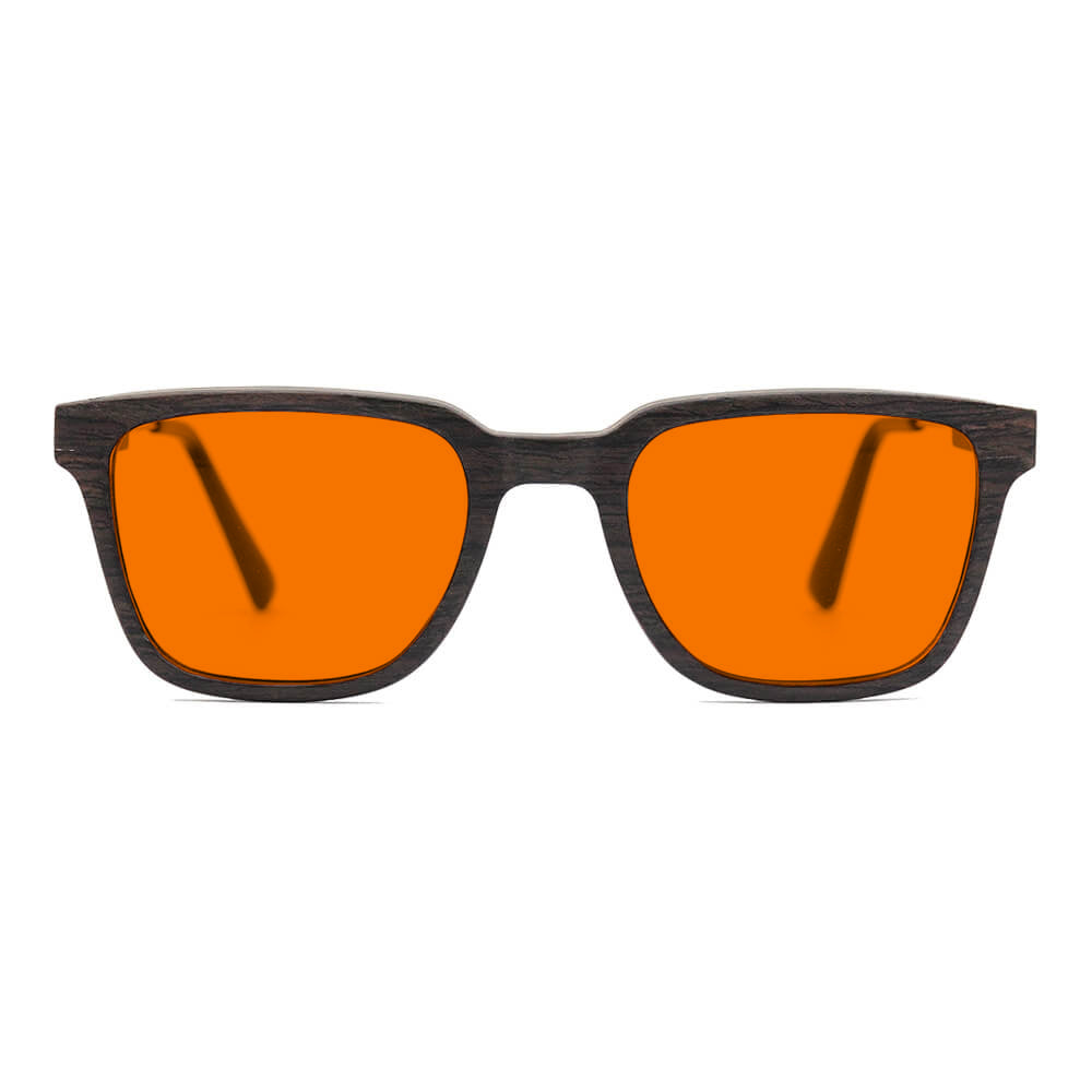KUGO Dyer Oak premium 530nm blocking front view - Handmade blue and green light blocking sunset glasses for better sleeping, featuring eco-friendly biodegradable acetate end of arms and natural wood the rest of the frame for a stylish, sustainable look.