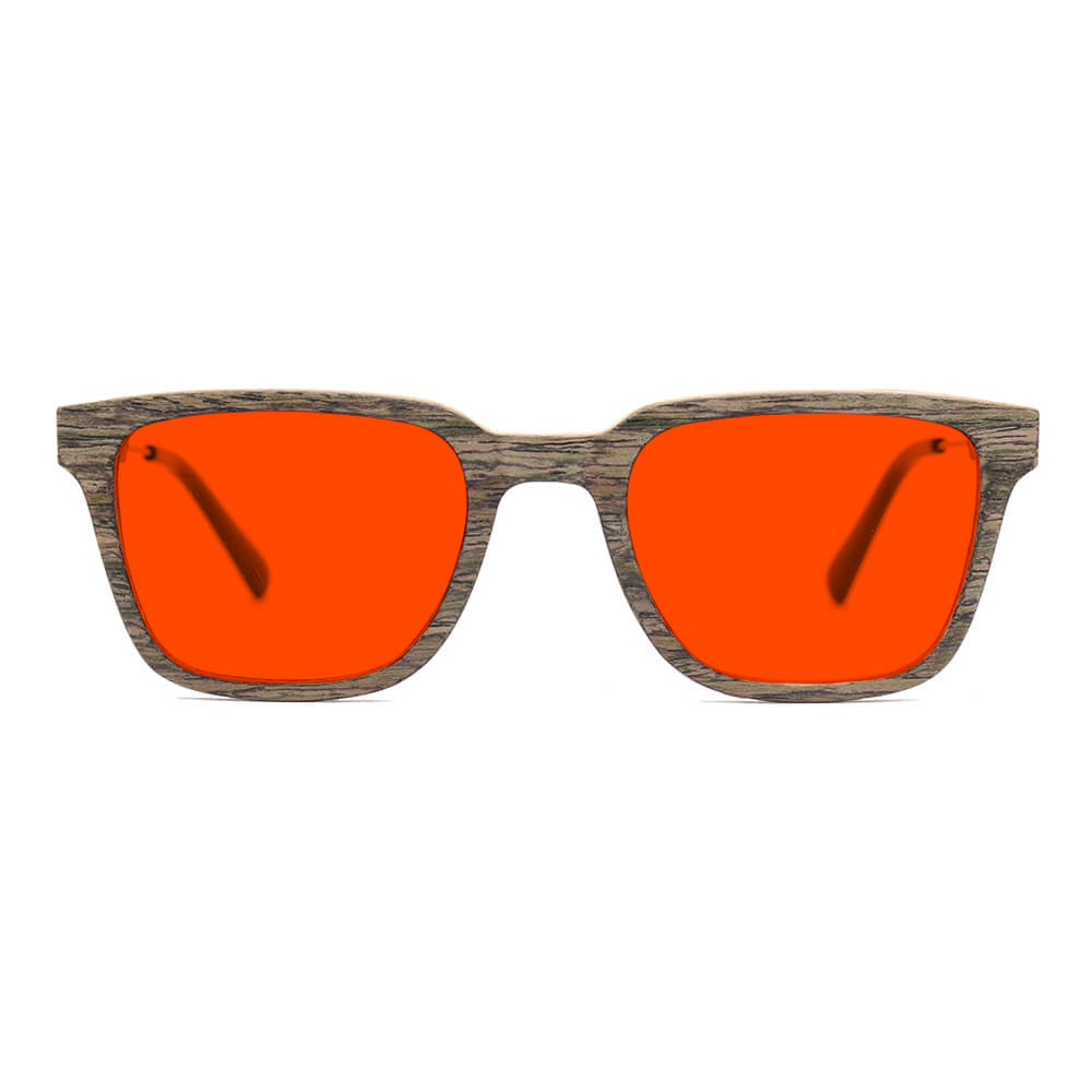 KUGO Dyer Walnut premium 550nm blocking front view - Handmade blue and green light blocking sunset glasses for better sleeping, featuring eco-friendly biodegradable acetate end of arms and natural wood the rest of the frame for a stylish, sustainable look.