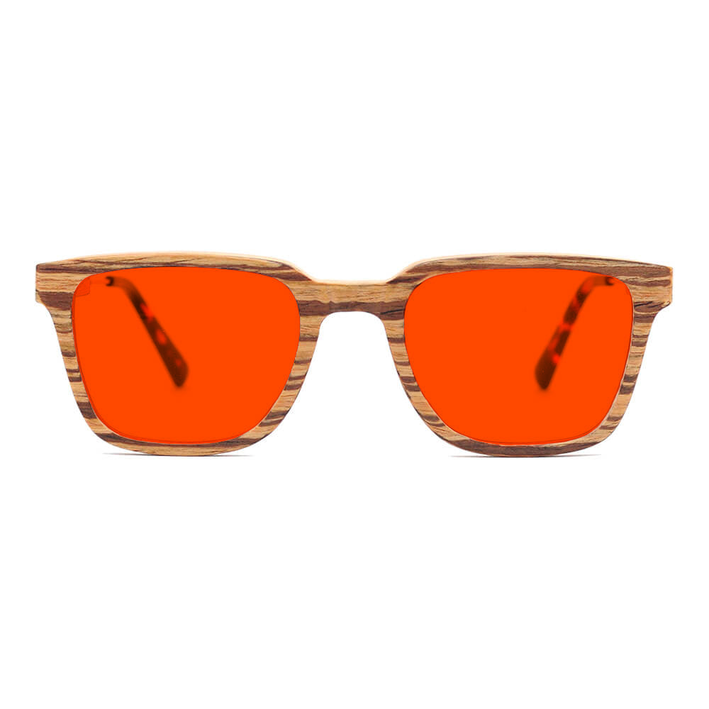 KUGO Dyer Zebra premium 550nm blocking front view - Handmade blue and green light blocking sunset glasses for better sleeping, featuring eco-friendly biodegradable acetate end of arms and natural wood the rest of the frame for a stylish, sustainable look.