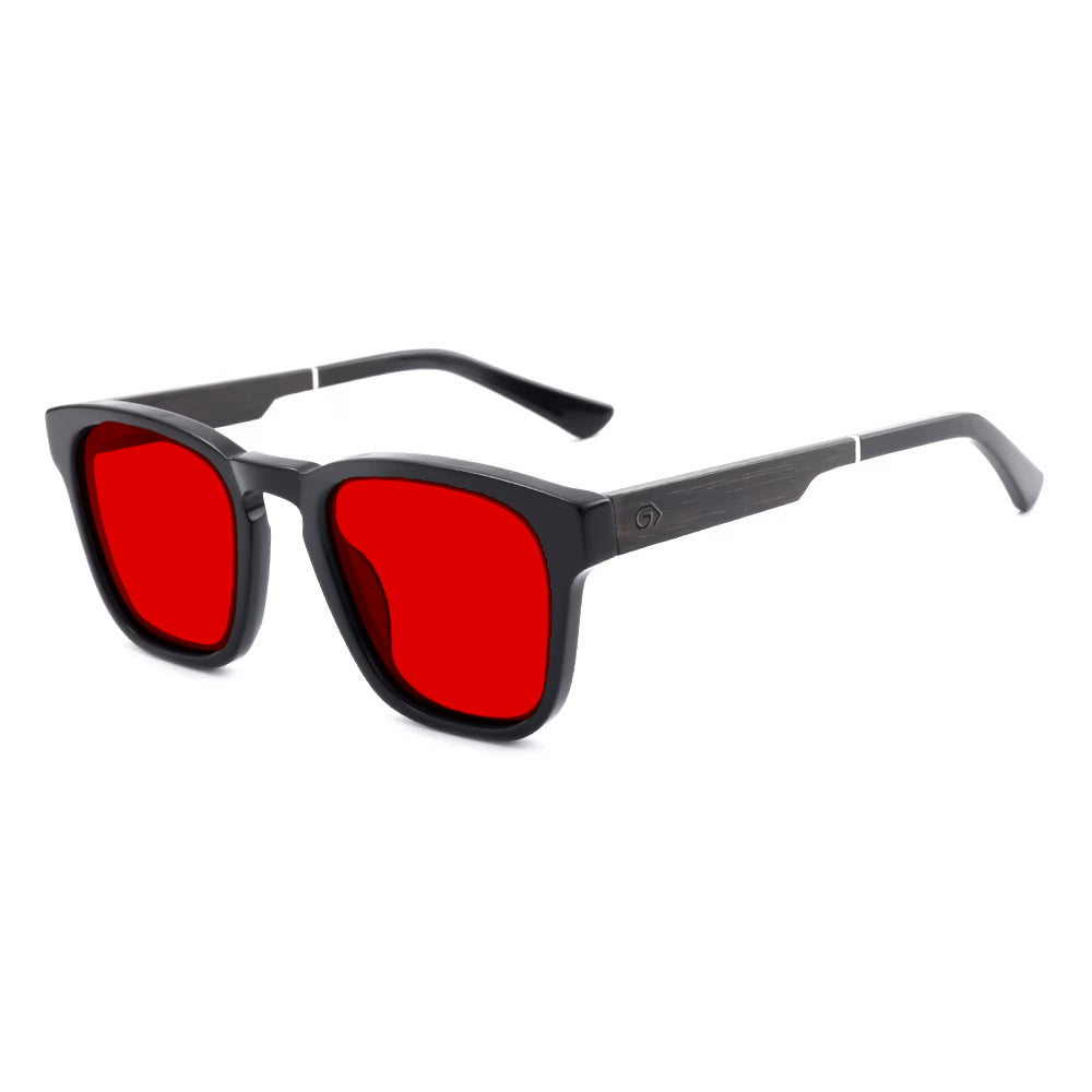 KUGO Fulton 550nm blocking side view - Handmade blue and green light blocking sunset glasses for better sleeping, featuring eco-friendly biodegradable acetate frames and natural wood arms for a stylish, sustainable look.