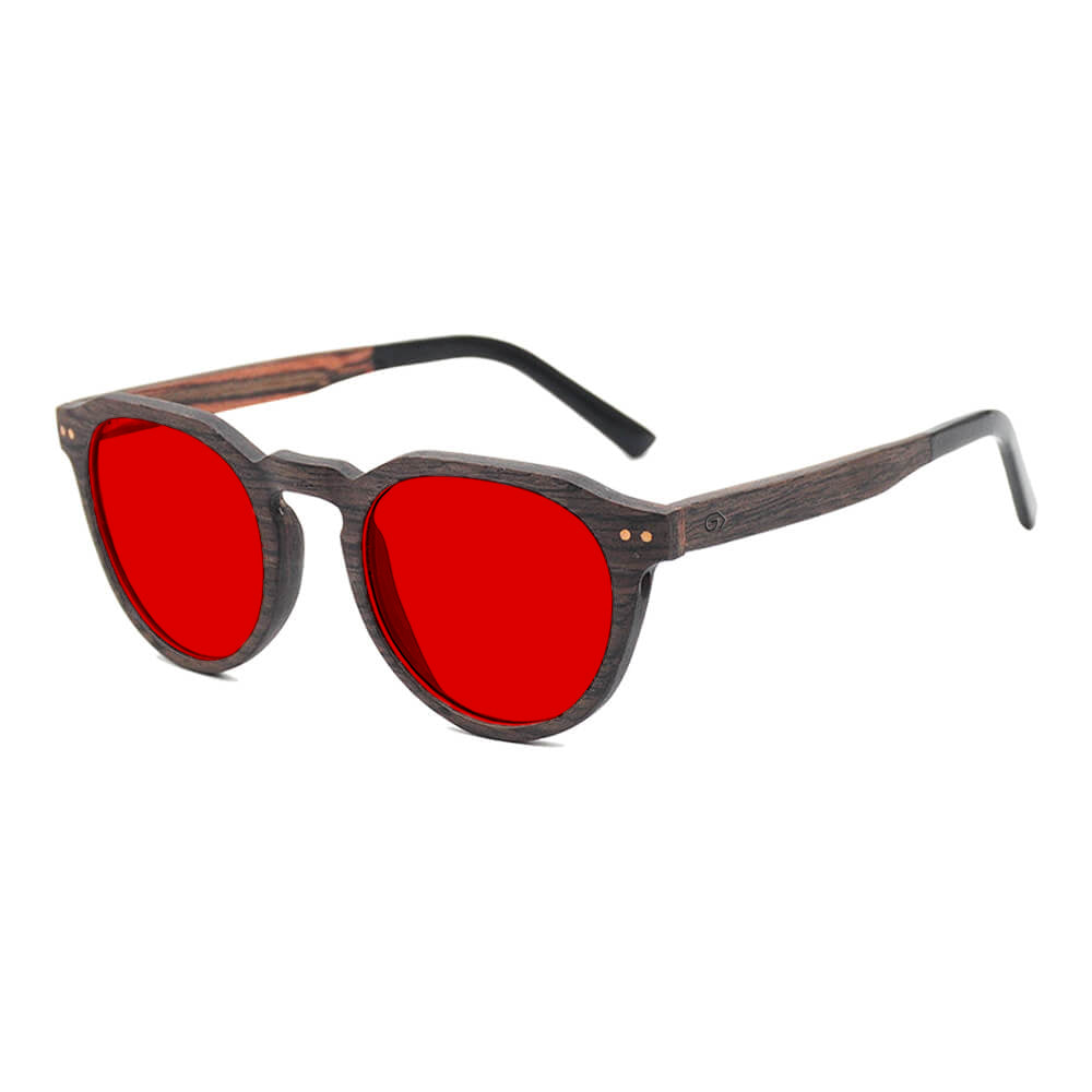 KUGO Lenox Oak 550nm blocking side view - Handmade blue and green light blocking sunset glasses for better sleeping, featuring eco-friendly biodegradable acetate end of arms and natural wood the rest of the frame for a stylish, sustainable look.