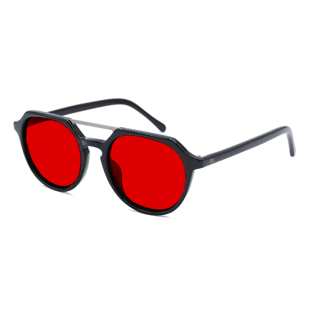 KUGO Ludlow 550nm blocking side view- Handmade blue and green light blocking sunset glasses for better sleeping, featuring eco-friendly biodegradable acetate for a stylish, sustainable look.