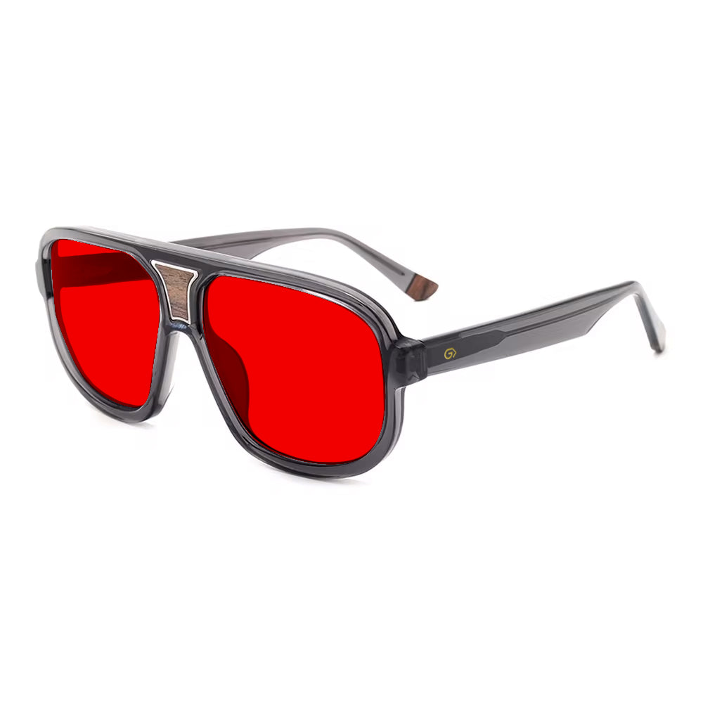 KUGO Mercer 550nm blocking side view - Handmade blue and green light blocking sunset glasses for better sleeping, featuring eco-friendly biodegradable acetate for a stylish, sustainable look.