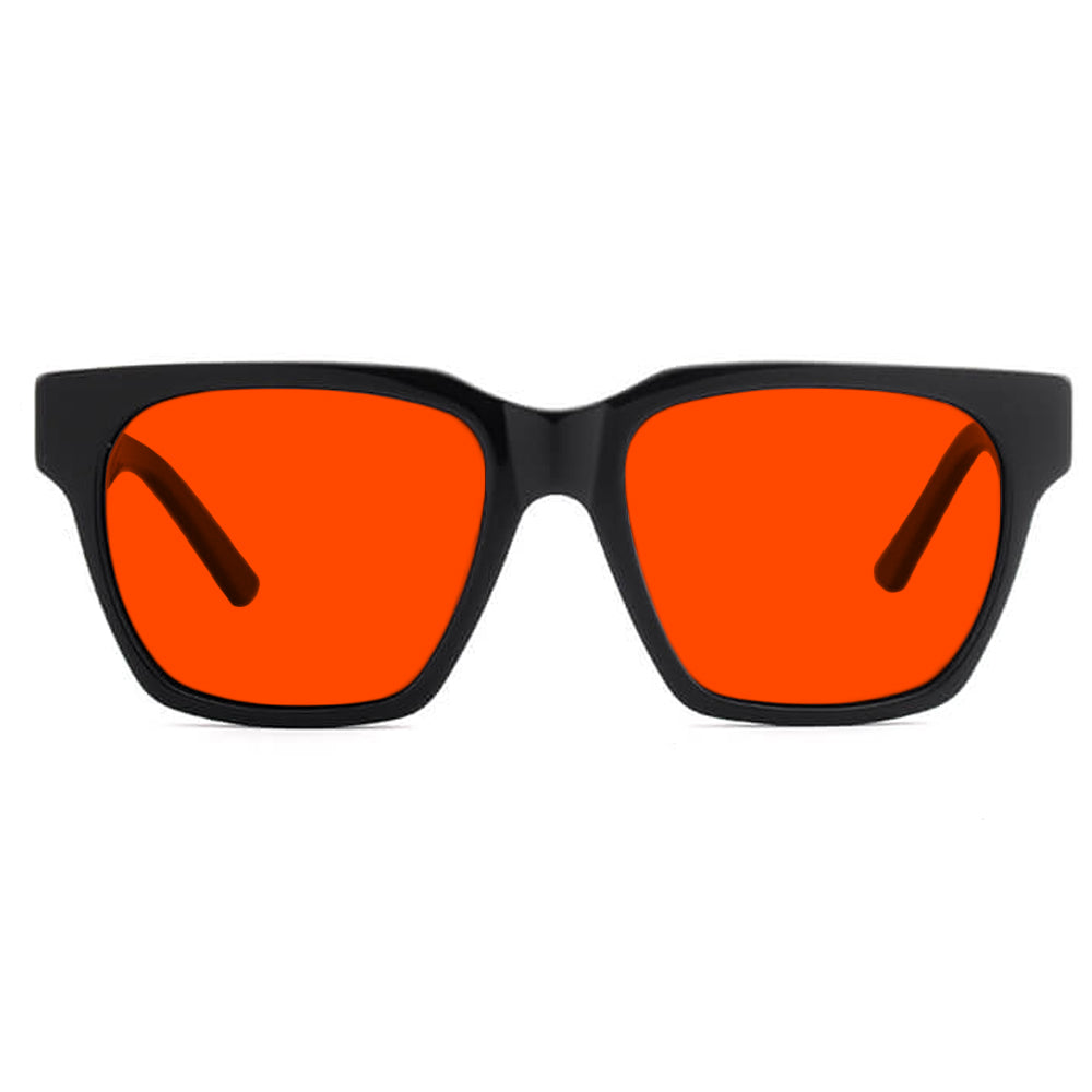 KUGO Monroe premium 550nm blocking front view - Handmade blue and green light blocking sunset glasses for better sleeping, featuring eco-friendly biodegradable acetate frames and natural wood arms for a stylish, sustainable look.