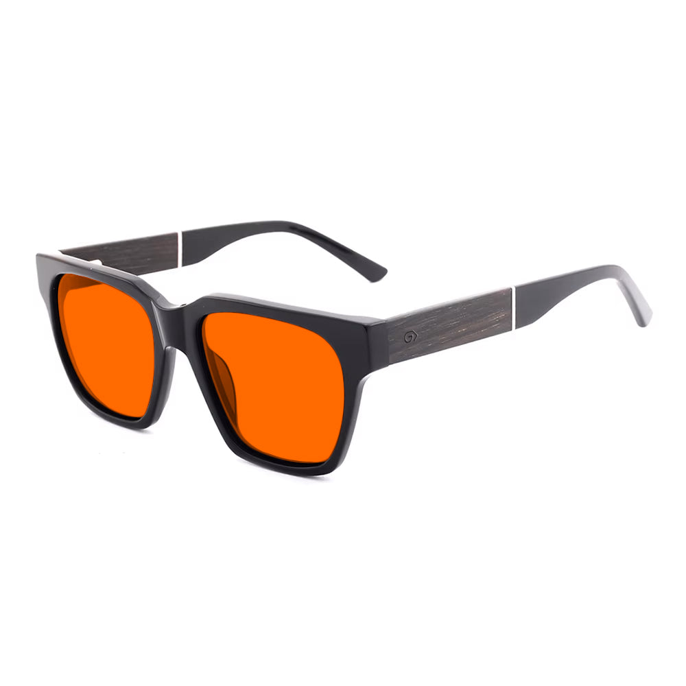 KUGO Monroe premium 530nm blocking side view - Handmade blue and green light blocking sunset glasses for better sleeping, featuring eco-friendly biodegradable acetate frames and natural wood arms for a stylish, sustainable look.