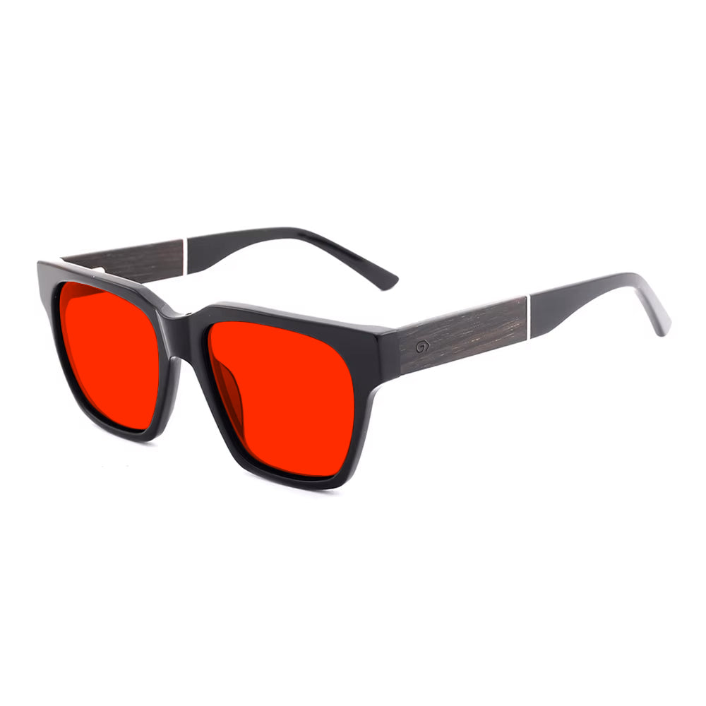 KUGO Monroe premium 550nm blocking side view - Handmade blue and green light blocking sunset glasses for better sleeping, featuring eco-friendly biodegradable acetate frames and natural wood arms for a stylish, sustainable look.