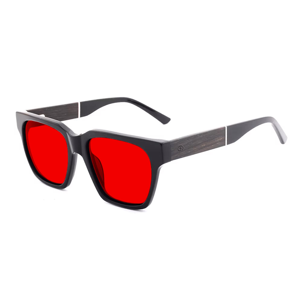 KUGO Monroe 550nm blocking side view - Handmade blue and green light blocking sunset glasses for better sleeping, featuring eco-friendly biodegradable acetate frames and natural wood arms for a stylish, sustainable look.