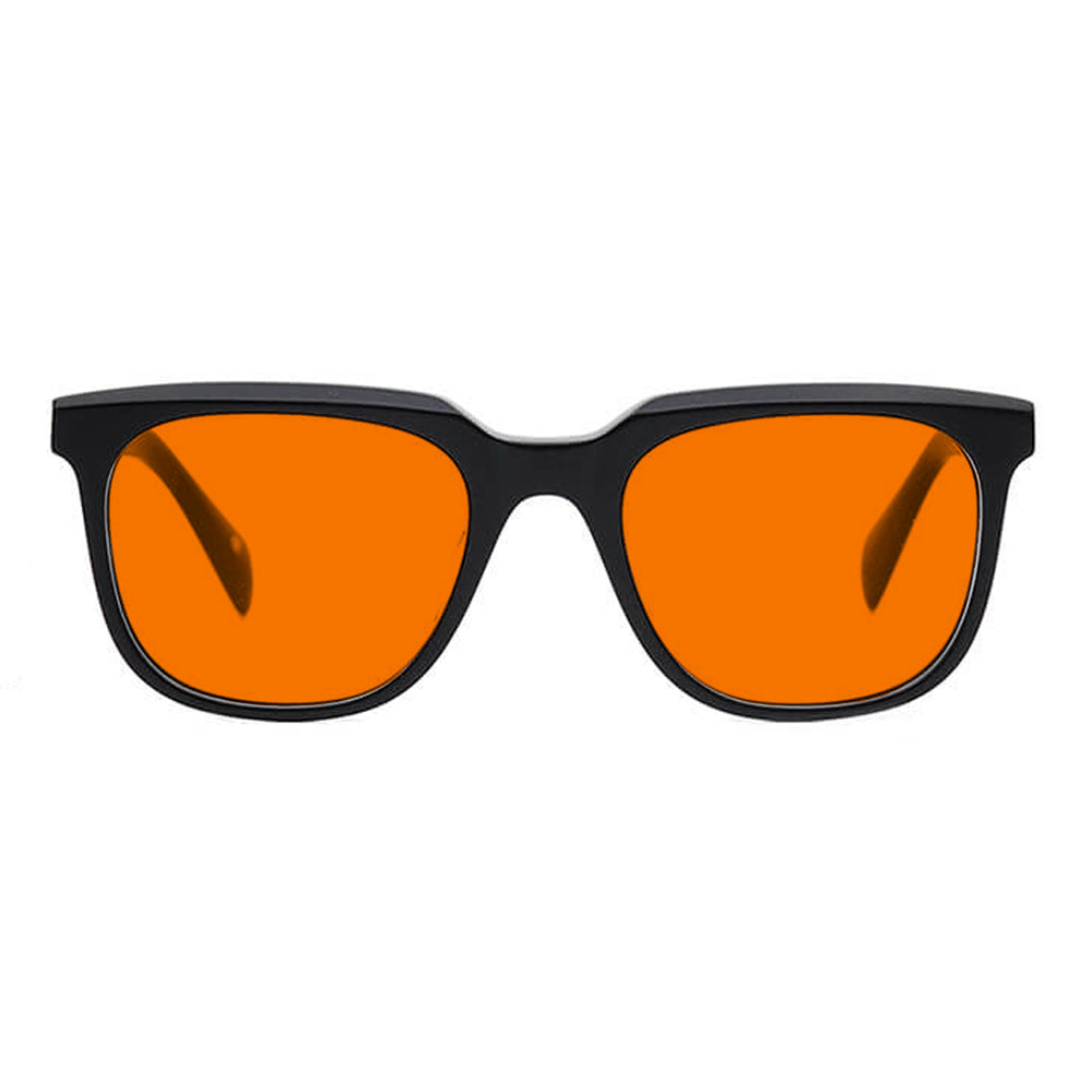 KUGO Stanton black premium 530nm blocking front view- Handmade blue and green light blocking sunset glasses for better sleeping, featuring eco-friendly biodegradable acetate for a stylish, sustainable look.
