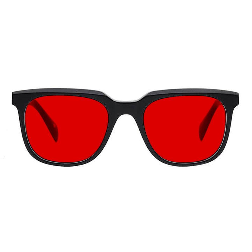 KUGO Stanton black 550nm blocking front view- Handmade blue and green light blocking sunset glasses for better sleeping, featuring eco-friendly biodegradable acetate for a stylish, sustainable look.