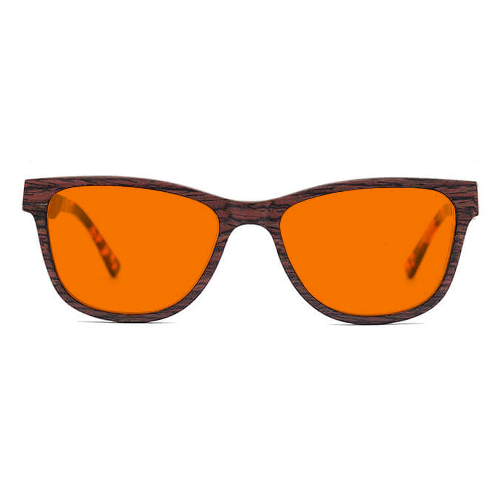 KUGO Madison premium 530nm blocking front view - Handmade blue and green light blocking sunset glasses for better sleeping, featuring eco-friendly biodegradable acetate end of arms and natural wood the rest of the frame for a stylish, sustainable look.