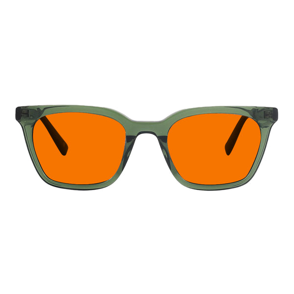 KUGO Astor Green premium 530nm blocking front view - Handmade blue and green light blocking sunset glasses for better sleeping, featuring eco-friendly biodegradable acetate for a stylish, sustainable look.