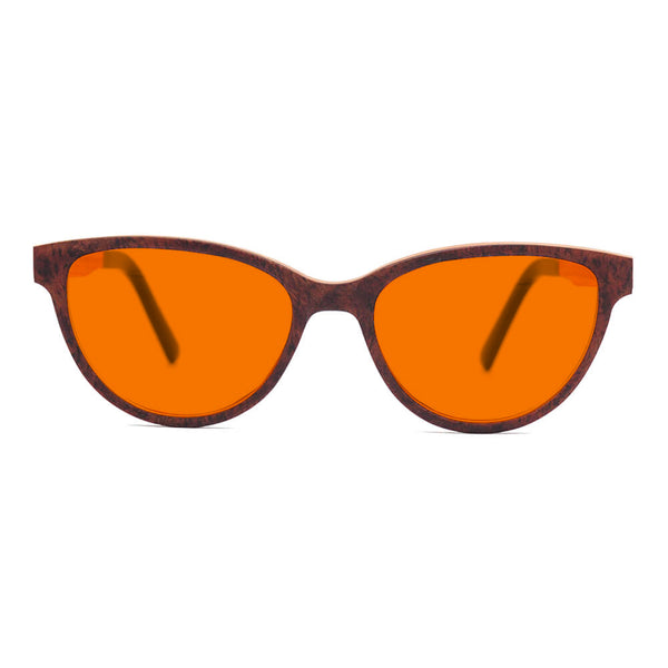 KUGO Bowery Rose premium 530nm blocking front view - Handmade blue and green light blocking sunset glasses for better sleeping, featuring eco-friendly biodegradable acetate end of arms and natural wood the rest of the frame for a stylish, sustainable look.