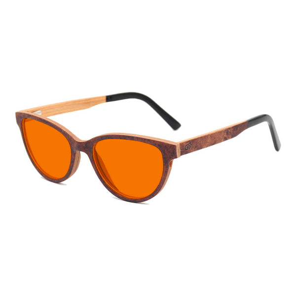 KUGO Bowery Rose premium 530nm blocking side view - Handmade blue and green light blocking sunset glasses for better sleeping, featuring eco-friendly biodegradable acetate end of arms and natural wood the rest of the frame for a stylish, sustainable look.
