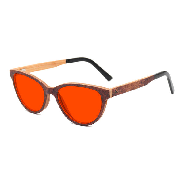 KUGO Bowery Rose premium 550nm blocking side view - Handmade blue and green light blocking sunset glasses for better sleeping, featuring eco-friendly biodegradable acetate end of arms and natural wood the rest of the frame for a stylish, sustainable look.
