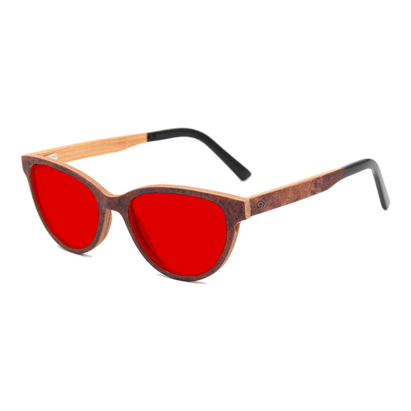 KUGO Bowery Rose 550nm blocking side view - Handmade blue and green light blocking sunset glasses for better sleeping, featuring eco-friendly biodegradable acetate end of arms and natural wood the rest of the frame for a stylish, sustainable look.