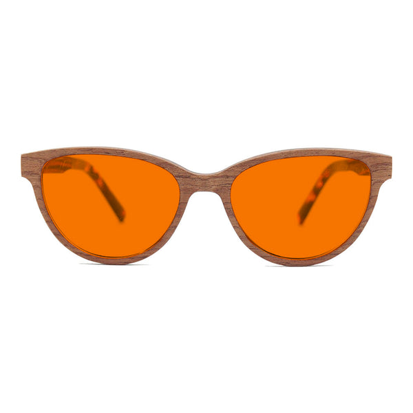 KUGO Bowery Walnut premium 530nm blocking front view - Handmade blue and green light blocking sunset glasses for better sleeping, featuring eco-friendly biodegradable acetate end of arms and natural wood the rest of the frame for a stylish, sustainable look.