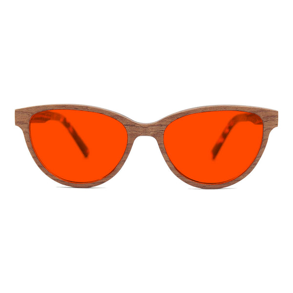 KUGO Bowery Walnut premium 550nm blocking front view - Handmade blue and green light blocking sunset glasses for better sleeping, featuring eco-friendly biodegradable acetate end of arms and natural wood the rest of the frame for a stylish, sustainable look.