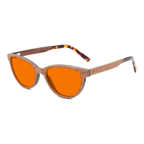 KUGO Bowery Walnut premium 530nm blocking side view - Handmade blue and green light blocking sunset glasses for better sleeping, featuring eco-friendly biodegradable acetate end of arms and natural wood the rest of the frame for a stylish, sustainable look.