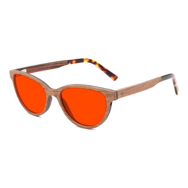 KUGO Bowery Walnut premium 550nm blocking side view - Handmade blue and green light blocking sunset glasses for better sleeping, featuring eco-friendly biodegradable acetate end of arms and natural wood the rest of the frame for a stylish, sustainable look.
