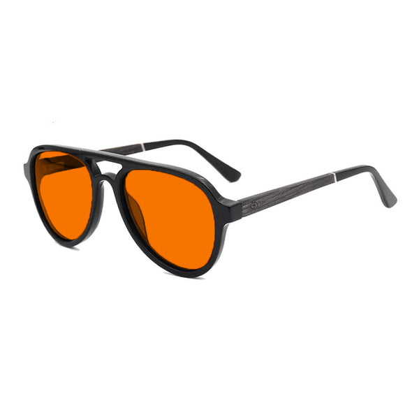 KUGO Chatham premium 530nm blocking side view - Handmade blue and green light blocking sunset glasses for better sleeping, featuring eco-friendly biodegradable acetate frames and natural wood arms for a stylish, sustainable look.