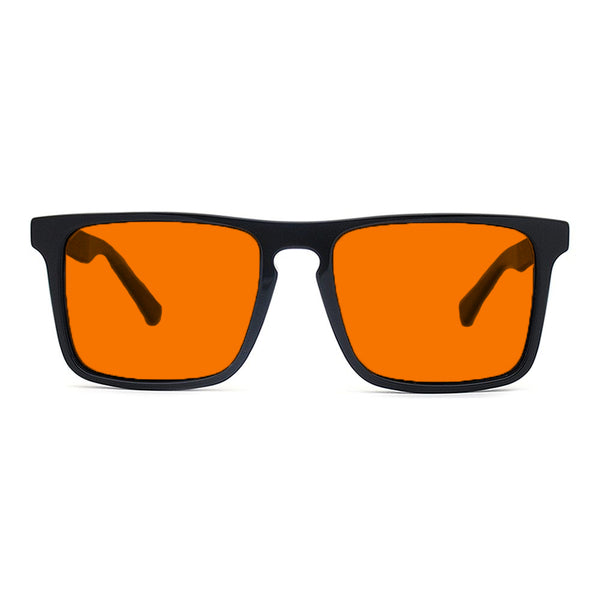 KUGO Columbus premium 530nm blocking front view - Handmade blue and green light blocking sunset glasses for better sleeping, featuring eco-friendly biodegradable acetate frames and natural wood arms for a stylish, sustainable look.