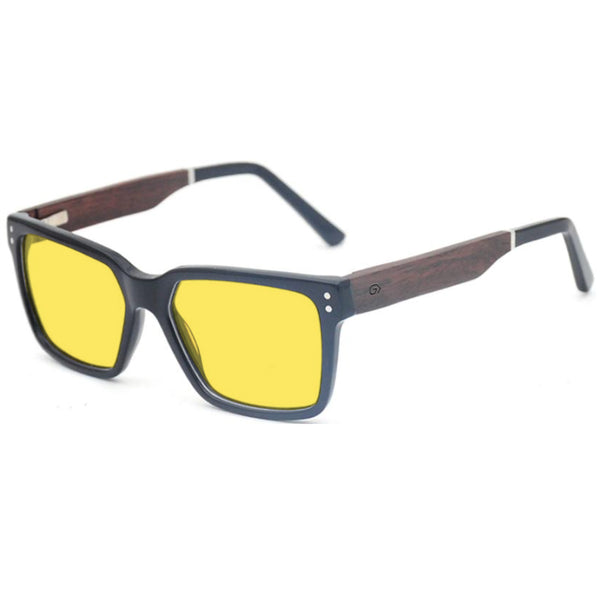 KUGO Dey 450nm blocking side view - Handmade blue and green light blocking sunset glasses for better sleeping, featuring eco-friendly biodegradable acetate frames and natural wood arms for a stylish, sustainable look.