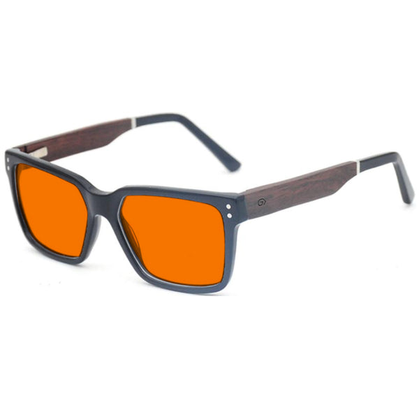 KUGO Dey premium 530nm blocking side view - Handmade blue and green light blocking sunset glasses for better sleeping, featuring eco-friendly biodegradable acetate frames and natural wood arms for a stylish, sustainable look.
