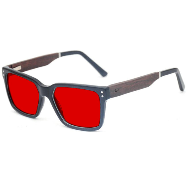 KUGO Dey 550nm blocking side view - Handmade blue and green light blocking sunset glasses for better sleeping, featuring eco-friendly biodegradable acetate frames and natural wood arms for a stylish, sustainable look.