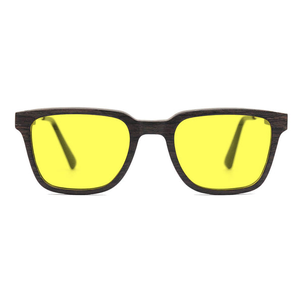 KUGO Dyer Oak premium 450nm blocking front view - Handmade blue and green light blocking sunset glasses for better sleeping, featuring eco-friendly biodegradable acetate end of arms and natural wood the rest of the frame for a stylish, sustainable look.