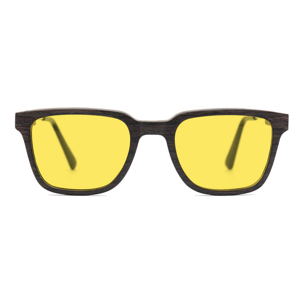 KUGO Dyer Oak 450nm blocking front view - Handmade blue and green light blocking sunset glasses for better sleeping, featuring eco-friendly biodegradable acetate end of arms and natural wood the rest of the frame for a stylish, sustainable look.