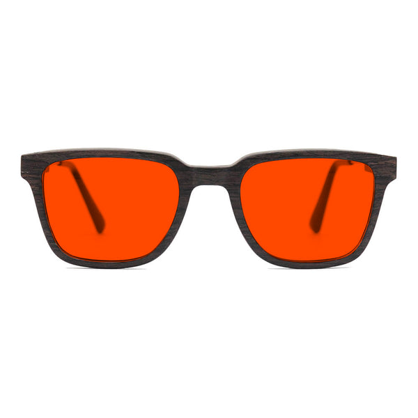KUGO Dyer Oak premium 550nm blocking front view - Handmade blue and green light blocking sunset glasses for better sleeping, featuring eco-friendly biodegradable acetate end of arms and natural wood the rest of the frame for a stylish, sustainable look.