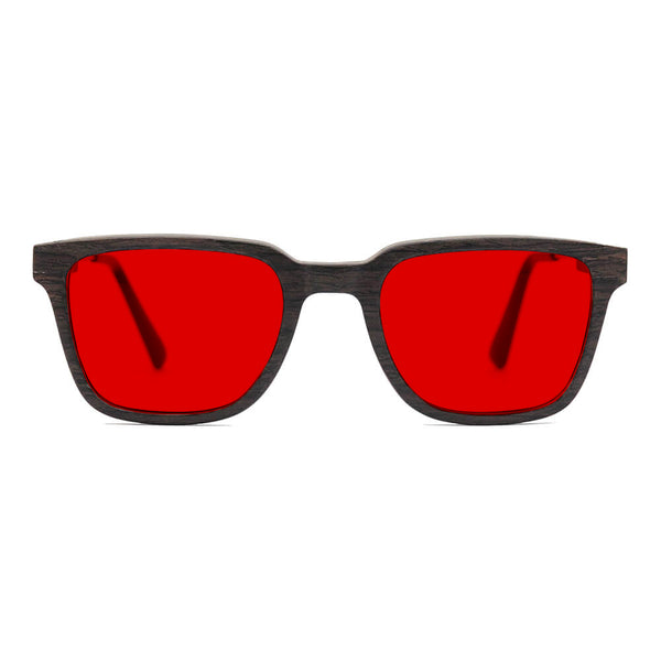 KUGO Dyer Oak 550nm blocking front view - Handmade blue and green light blocking sunset glasses for better sleeping, featuring eco-friendly biodegradable acetate end of arms and natural wood the rest of the frame for a stylish, sustainable look.