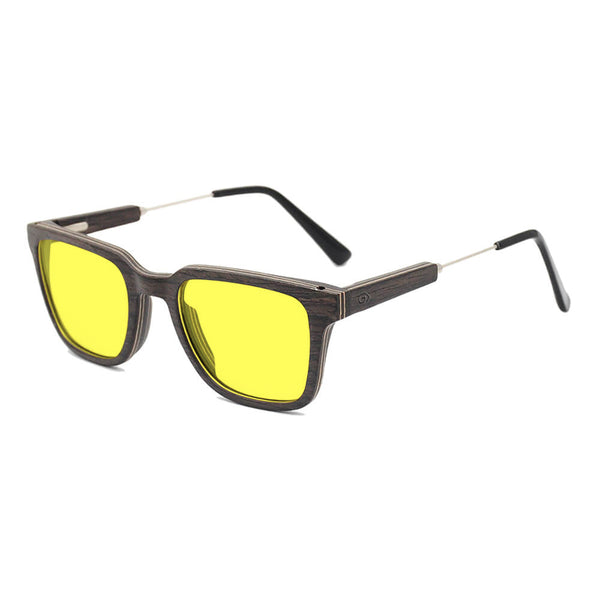 KUGO Dyer Oak premium 450nm blocking side view - Handmade blue and green light blocking sunset glasses for better sleeping, featuring eco-friendly biodegradable acetate end of arms and natural wood the rest of the frame for a stylish, sustainable look.