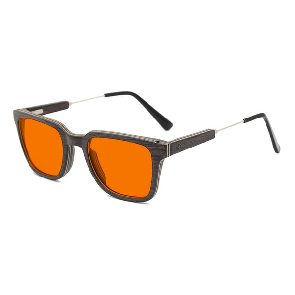 KUGO Dyer Oak premium 530nm blocking side view - Handmade blue and green light blocking sunset glasses for better sleeping, featuring eco-friendly biodegradable acetate end of arms and natural wood the rest of the frame for a stylish, sustainable look.
